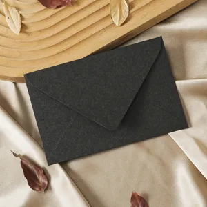 Close-up detail of a textured black envelope on a satin fabric with wooden tray and dry leaves.