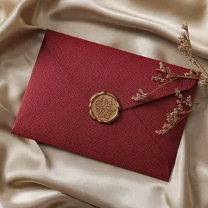 Exquisite dark red stationery envelope set with gold wax seal and dry flower detail.