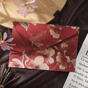 Detailed shot of retro red envelope with embossed floral patterns, luxury brocade style.