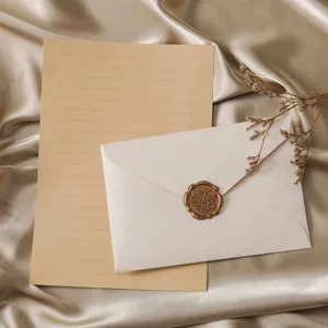 Stationery set detail view featuring a lined letter paper and textured envelope with wax seal.