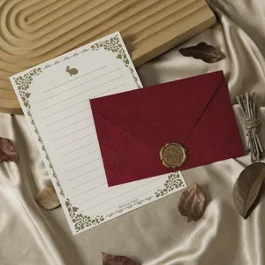 Retro stationery set with wood-grain envelope, writing paper and wax seal for letter and invitation.