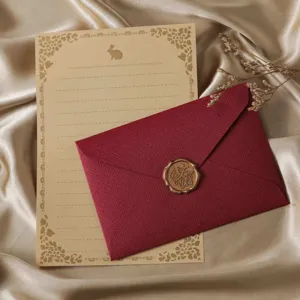 Detailed view of vintage stationery letter paper and maroon envelope with wax seal design.