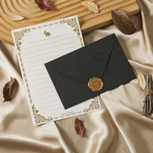 Vintage letter writing paper set with black envelope and wax seal for romantic letters