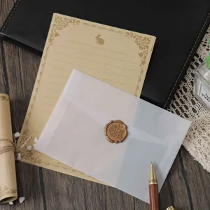 Gedetailleerd overzicht van doorschijnende perkam papier envelop en vintage stationery set.