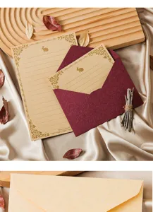 Vintage stationery letter paper and envelope set with retro gold stamping rabbit design.