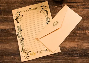 Vintage hot stamping letter paper and envelope set detail showing elegant vintage floral borders.