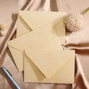 Retro textured paper envelopes set, classic triangle flap design, elegant stationery detail shot.