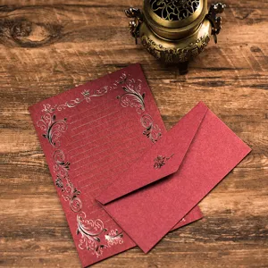 Vintage red stationery letter paper and envelope set with gold foil stamping for love letters