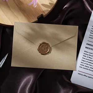 Close-up detail of vintage textured envelope with exquisite wax seal stamp for elegant letters.