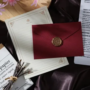 Vintage stationery set with retro letter paper, red envelope and elegant gold wax seal design.