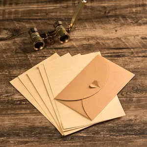 Detailed close-up view showcasing vintage kraft paper envelopes and lined letter stationery.