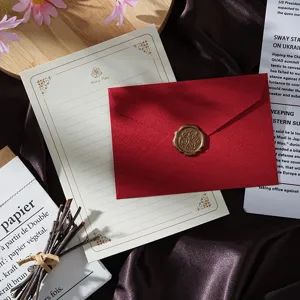 Vintage linen texture envelope and letter paper set with gold wax seal for love letters.
