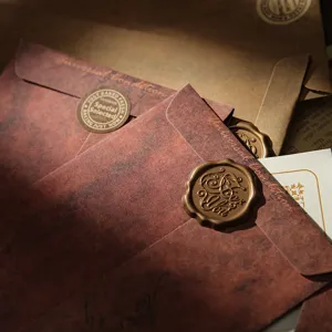 Vintage retro kraft paper envelopes with wax seal stamp for greeting letters and gift wrapping