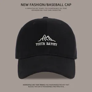 Unisex black baseball cap with embroidered mountain design, large head fit, sun protection.
