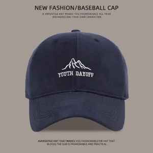 Classic navy blue baseball cap with embroidered mountain logo, versatile sun protection.