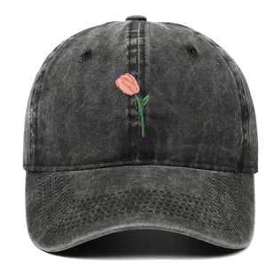 Casquette de Baseball en Coton Lavé avec Broderie Tulipe Vintage Rétro Réglable Chapeau de Soleil Femme Décontracté Sport