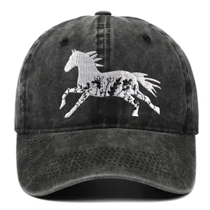 Macro view of detailed floral horse embroidery on a vintage washed cotton baseball cap