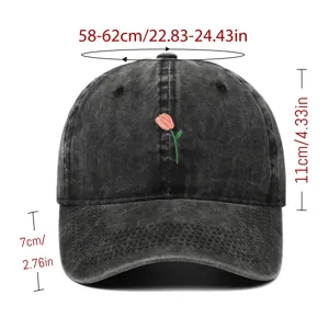 Détail de la casquette de baseball délavée avec broderie tulipe et dimensions précises