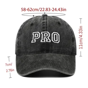 Dimensiones detalladas de la gorra de béisbol de mezclilla negra lavada con bordado PRO