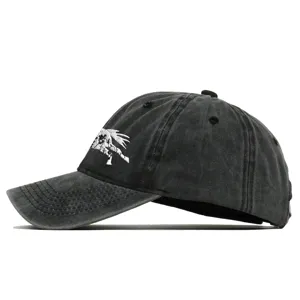 Close-up side view of washed cotton baseball cap with white horse embroidery