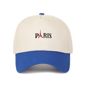 Vorderansicht einer Retro 5-Panel Baseballkappe mit Paris- und Eiffelturm-Stickerei