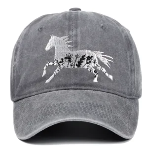 Close-up of grey washed cotton baseball cap with intricate white floral horse embroidery
