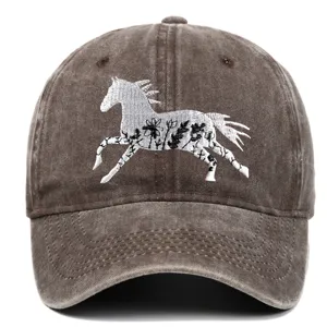 Washed brown cotton baseball cap featuring an intricate white floral horse embroidery