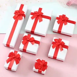 Caja Regalo Joyería Lazo Rojo Tapa Blanco Rojo Cartón Anillo Collar Pendiente Caja Exhibición Embalaje para Fiesta Boda San Valentín
