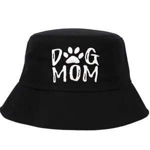 Sombrero de pescador de algodón negro con bordado DOG MOM blanco y detalle de huella de perro