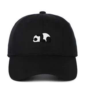 Detail shot of a soft-top black baseball cap with an embroidered lazy panda design