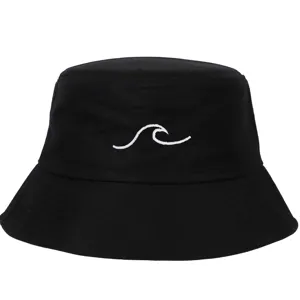 Front view of black bucket hat featuring white minimalist wave embroidery detail