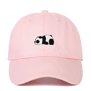 Front view of a pink soft-top baseball cap featuring detailed panda embroidery design