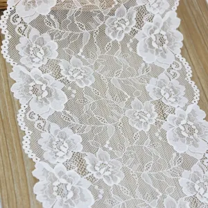 White elastic lace fabric trim 21cm wide, exquisite floral design for DIY sewing crafts.