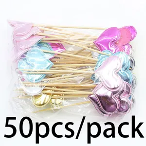 50pcs shiny PU heart cupcake toppers with wooden sticks for wedding party dessert table decor.