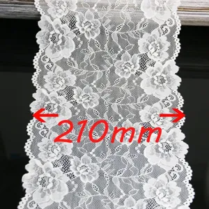 White elastic floral lace trim fabric 210mm wide, perfect for DIY sewing and apparel decoration.