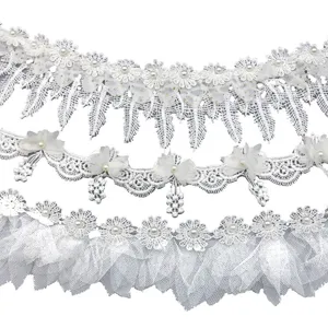 White water-soluble lace trim with pearls and flowers, perfect for sewing and gift wrapping.