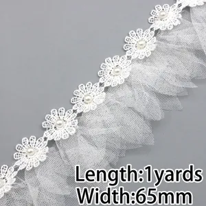 White lace trim with pearls and mesh ruffles, 65mm wide, 1 yard sewing craft accessory.
