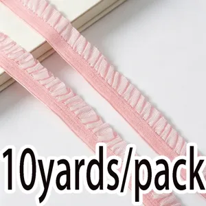 Pink 1cm elastic ruffled lace trim, 10 yards pack single pleated ribbon for sewing DIY.