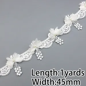 White water-soluble lace trim with chiffon flowers pearls, detailed craft DIY 45mm