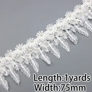 White lace trim with daisy embroidery pearls and leaf fringe for sewing and crafts