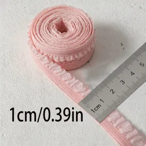 Pink ruffled elastic ribbon 1cm wide for sewing crafts, DIY apparel, and garment trim.