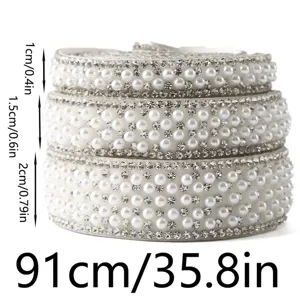 Detail close-up of pearl and rhinestone trim ribbon showing widths and length measurements.