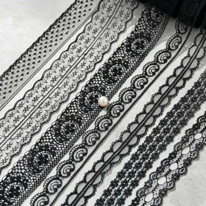 Black lace trim ribbon rolls for sewing, apparel decoration, and gift wrapping crafts.