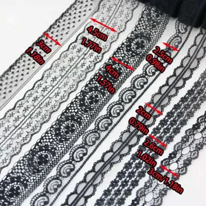 Detailed view of various black lace trims and ribbons, perfect for sewing and gift wrapping.