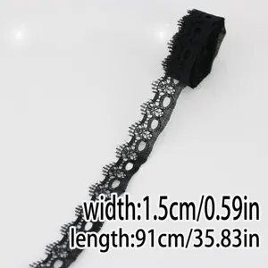 Black lace trim ribbon for sewing and garment accessories, 1.5cm width and 91cm length roll.