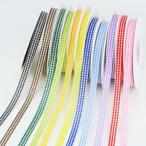 Colorful gingham ribbons 1cm wide fabric rolls for DIY gift wrapping and clothing sewing decoration.