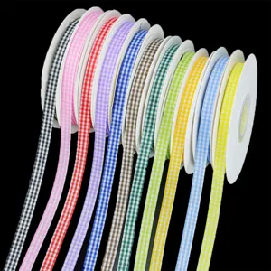 Details of 1cm colorful gingham checkered ribbons in rolls, perfect for DIY gifts and crafts.