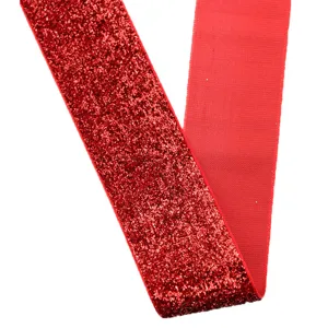 Red glitter elastic ribbon detail shot, perfect for sewing, crafts, and gift wrapping.