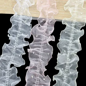 11cm encaje de organza plisado con perlas para ropa manualidades costura detalles.