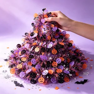 Halloween slingers detail met oranje paarse lint en schattige pompoen feesten decor.